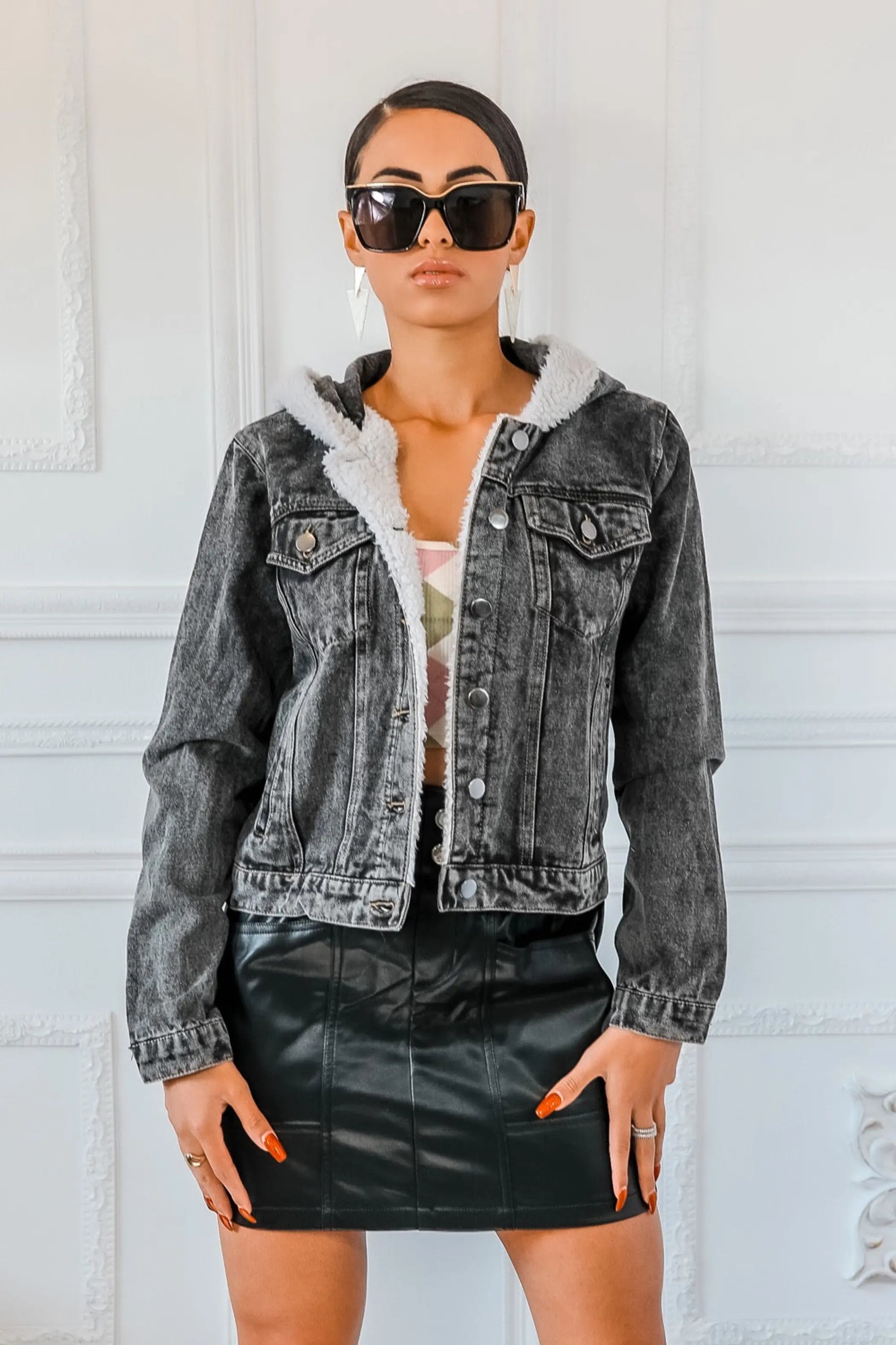 Mineral Wash Hooded Faux Fur Lining Denim Jacket SurelyMine