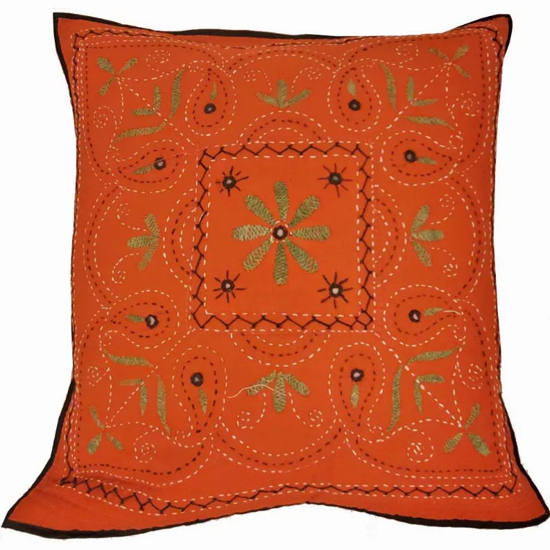 Mirror Work Aari Embroidery Design Cushion Cover Home Accent Furnishing - 16" x 16" Wild Lotus