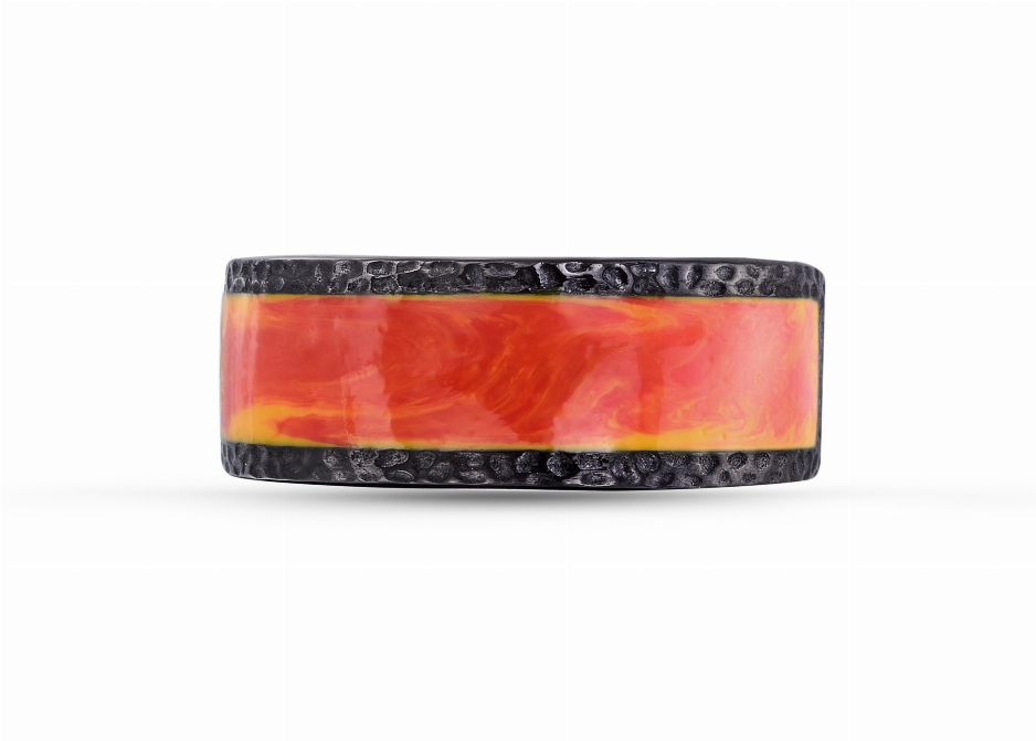 Mista Lava Black Rhodium Plated Sterling Silver Textured Red Orange Enamel Band Ring Luv My Jewelry