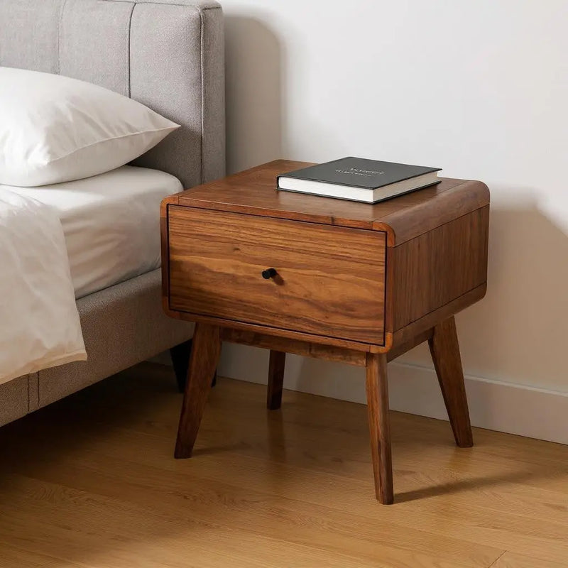 Modern Mid Century Walnut Nightstand with Single Drawer - GreatEagleInc