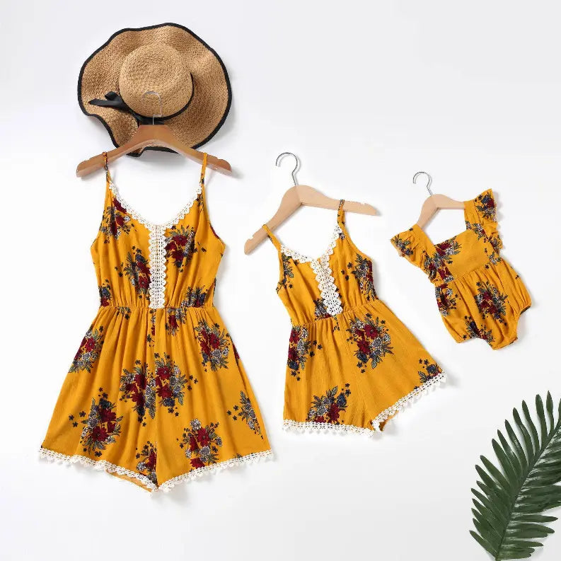 Mom Daughter Matching Golden Yellow Romper Mom And Mini Me Pawsome Pet