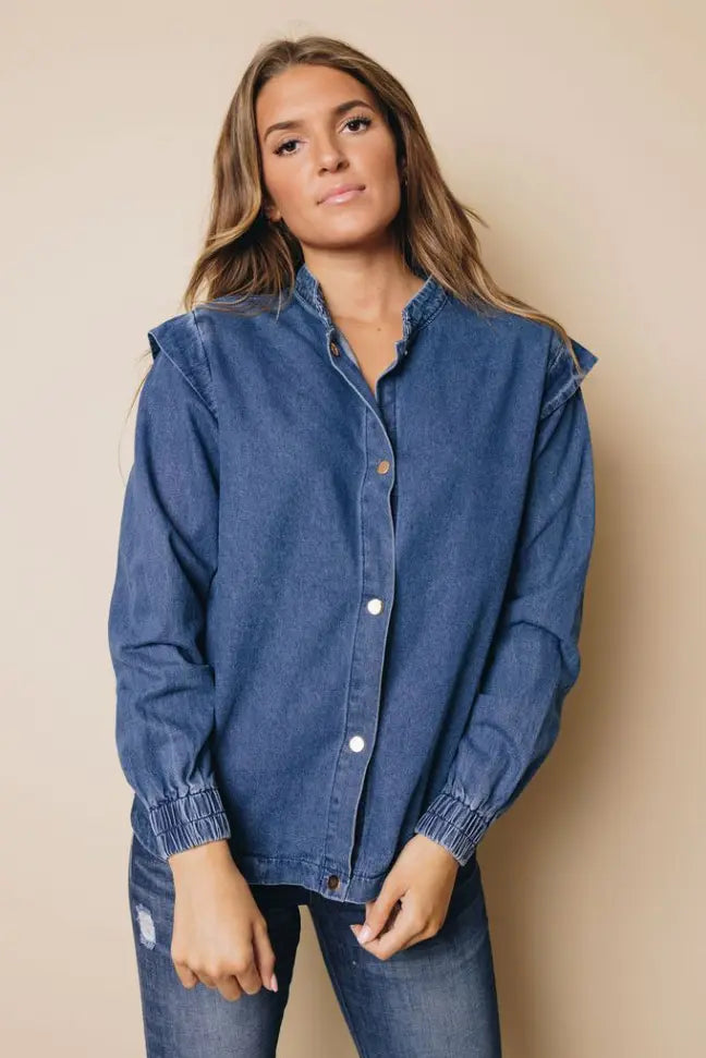 Monique Buttoned Denim Jacket Stay Warm in Style
