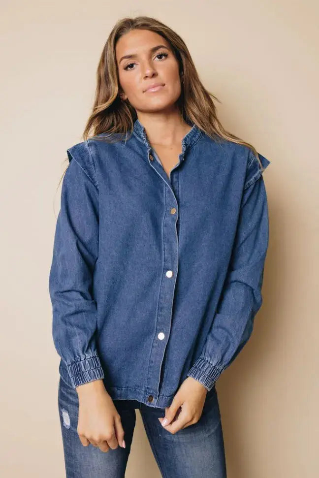 Monique Buttoned Denim Jacket Stay Warm in Style