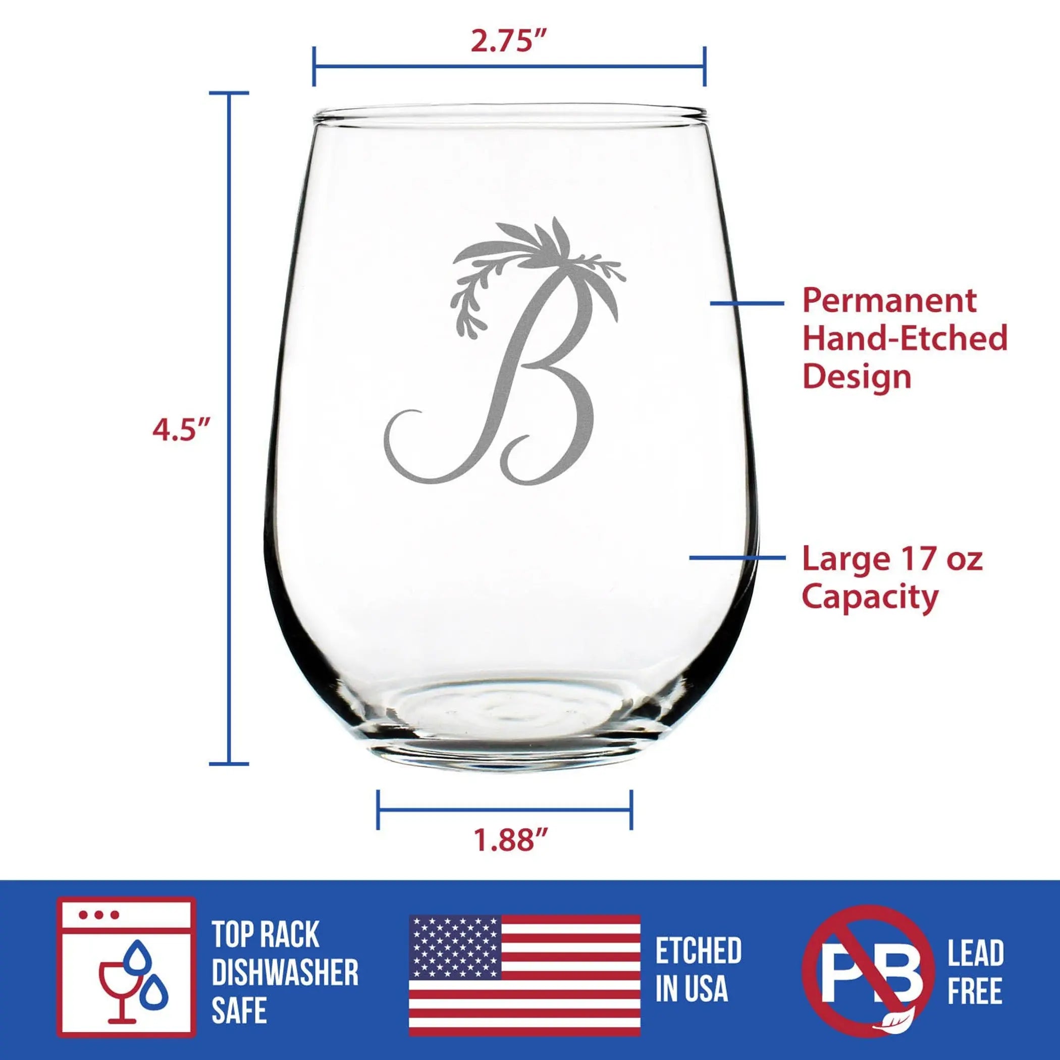 Monogram Floral B Stemless Wine Glass - B Initial Gifts Bevvee