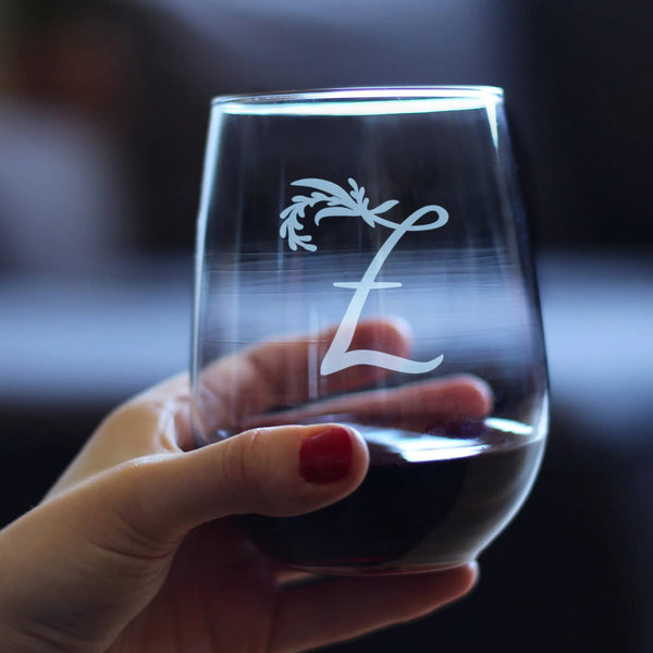 Monogram Floral Z Stemless Wine Glass - Z Initial Gifts Bevvee
