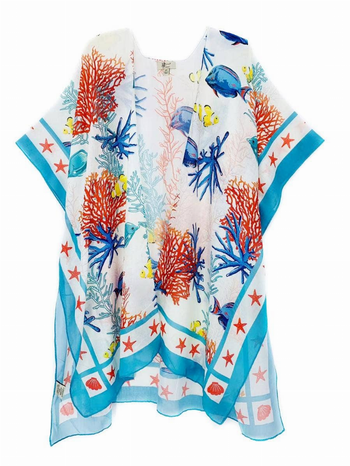 Multi Fish Coral & Starfish Border Accent Kimono JC Sunny Fashion