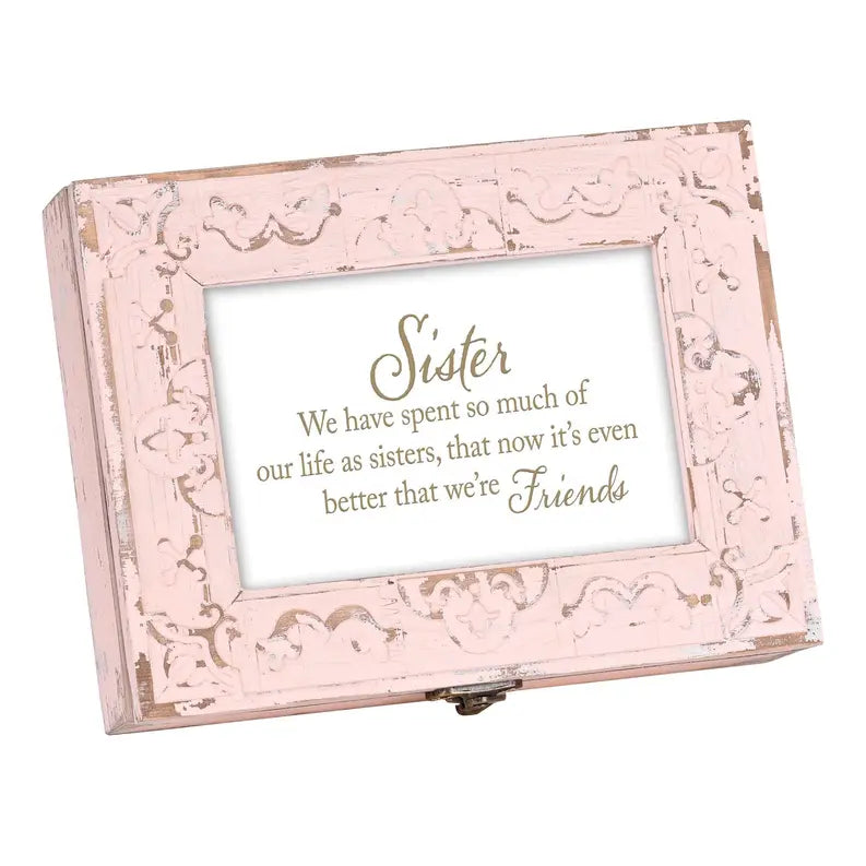 Pink distressed wood picture frame with decorative carved details and a heartfelt sister quote. Perfect gift for siblings.