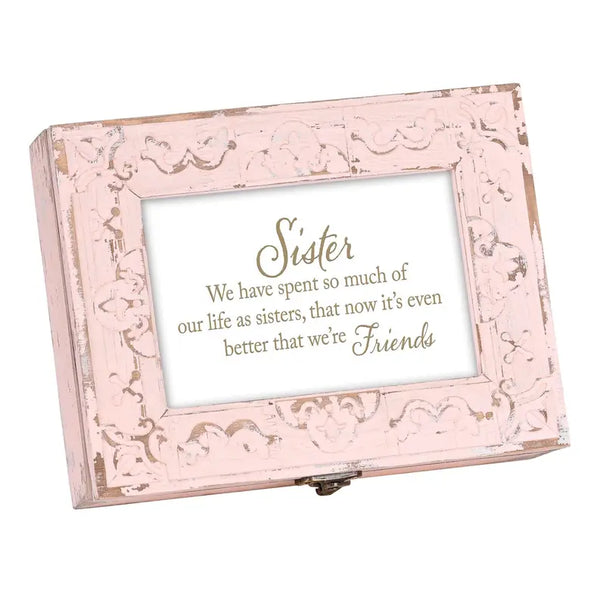 Pink distressed wood picture frame with decorative carved details and a heartfelt sister quote. Perfect gift for siblings.