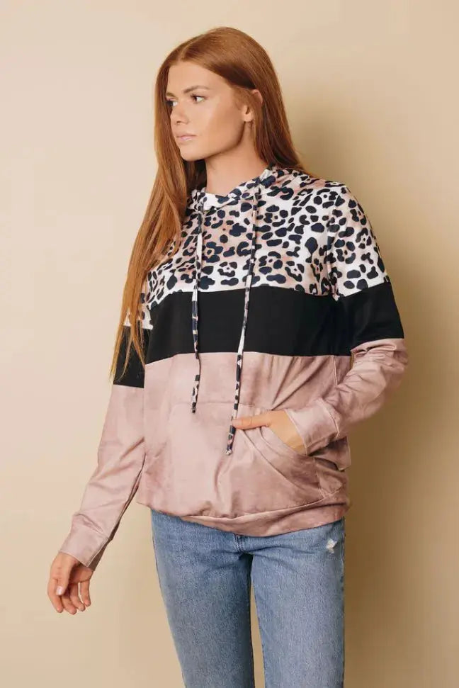 My Vibe Leopard Color-Block Hoodie Stay Warm in Style