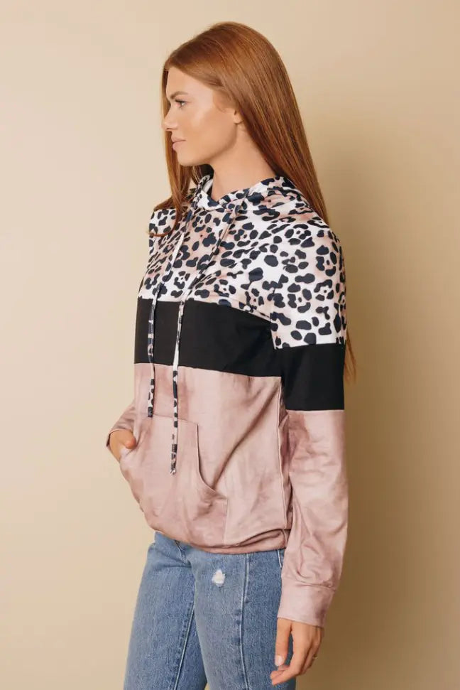 My Vibe Leopard Color-Block Hoodie Stay Warm in Style