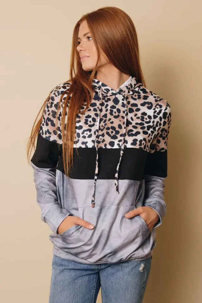 My Vibe Leopard Color-Block Hoodie Stay Warm in Style