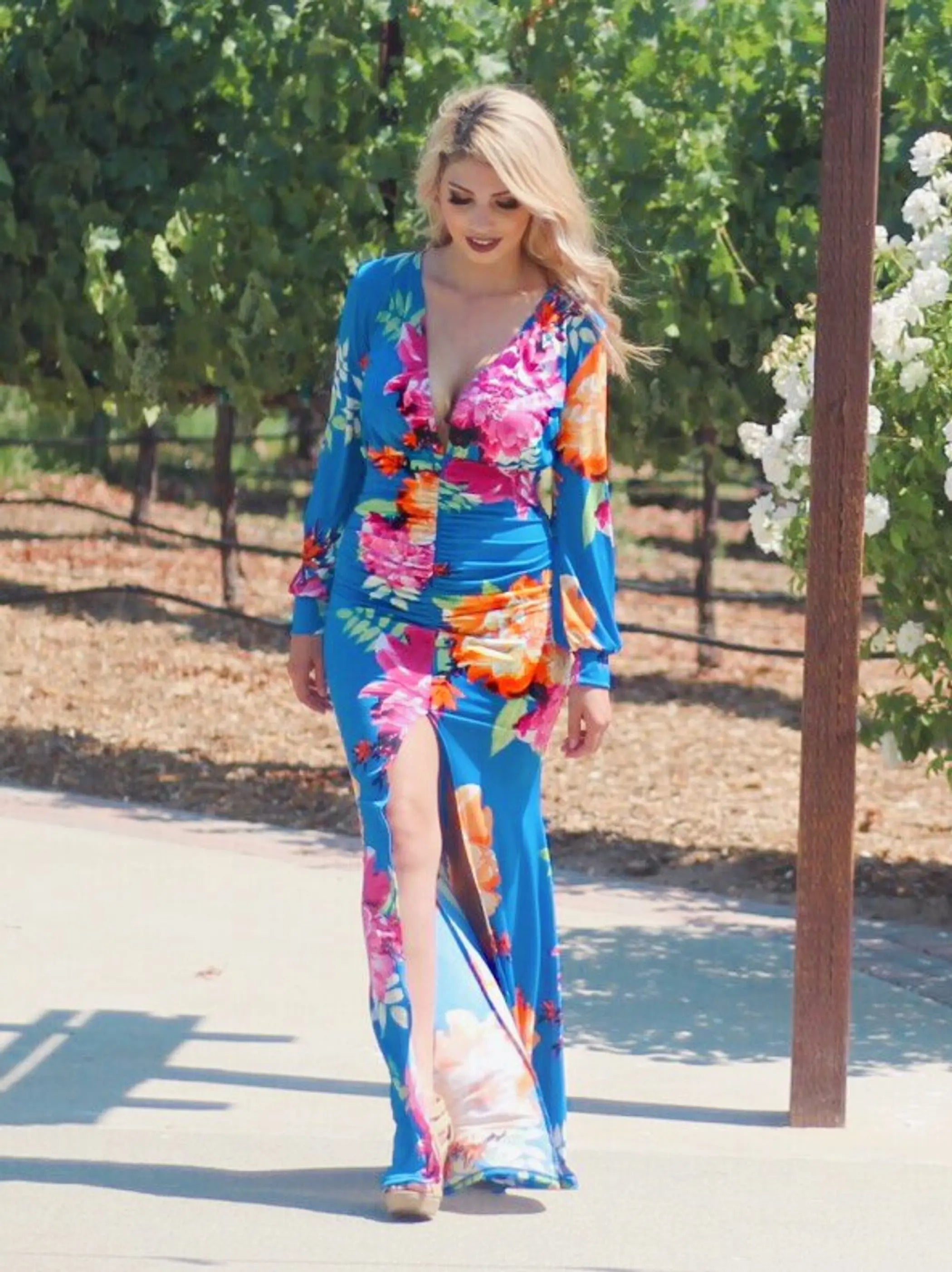 Myra Deep V Neck Long Sleeves Bodycon Floral Maxi Dress With Slit SurelyMine