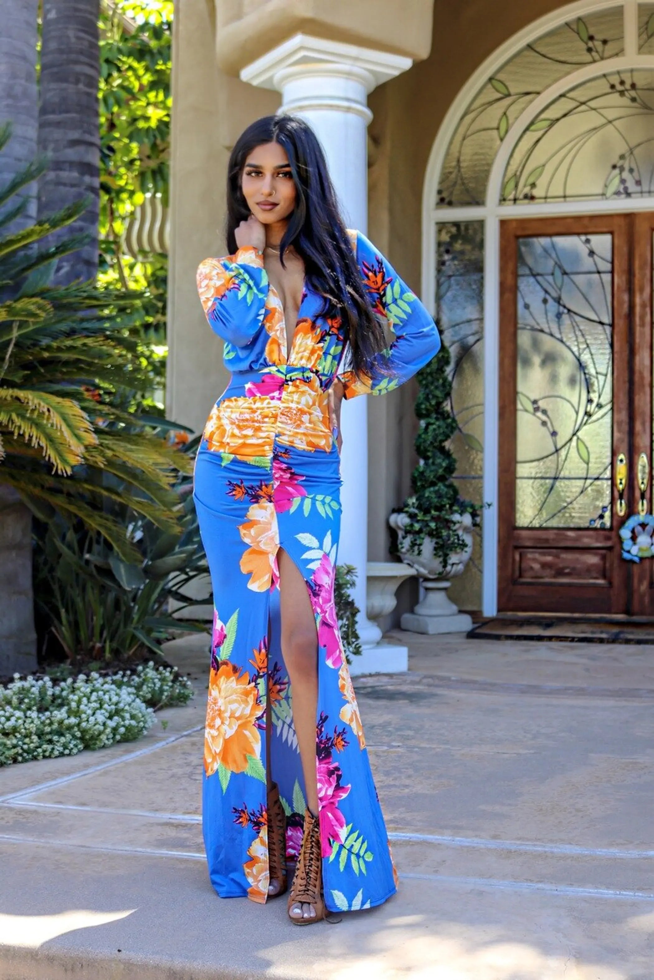 Myra Deep V Neck Long Sleeves Bodycon Floral Maxi Dress With Slit SurelyMine
