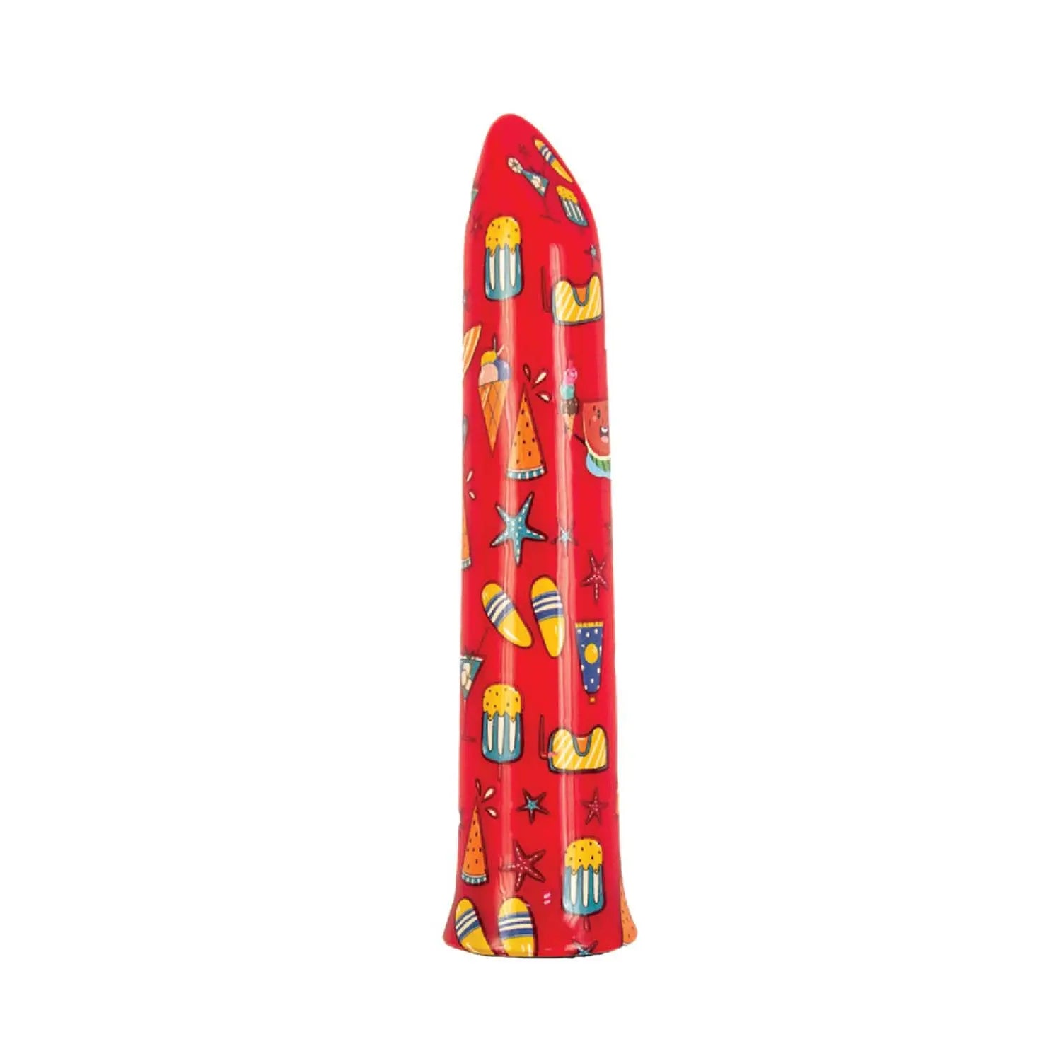 Red novelty inflatable pool float with colorful summer-themed designs, featuring drinks, ice cream, and beach motifs.