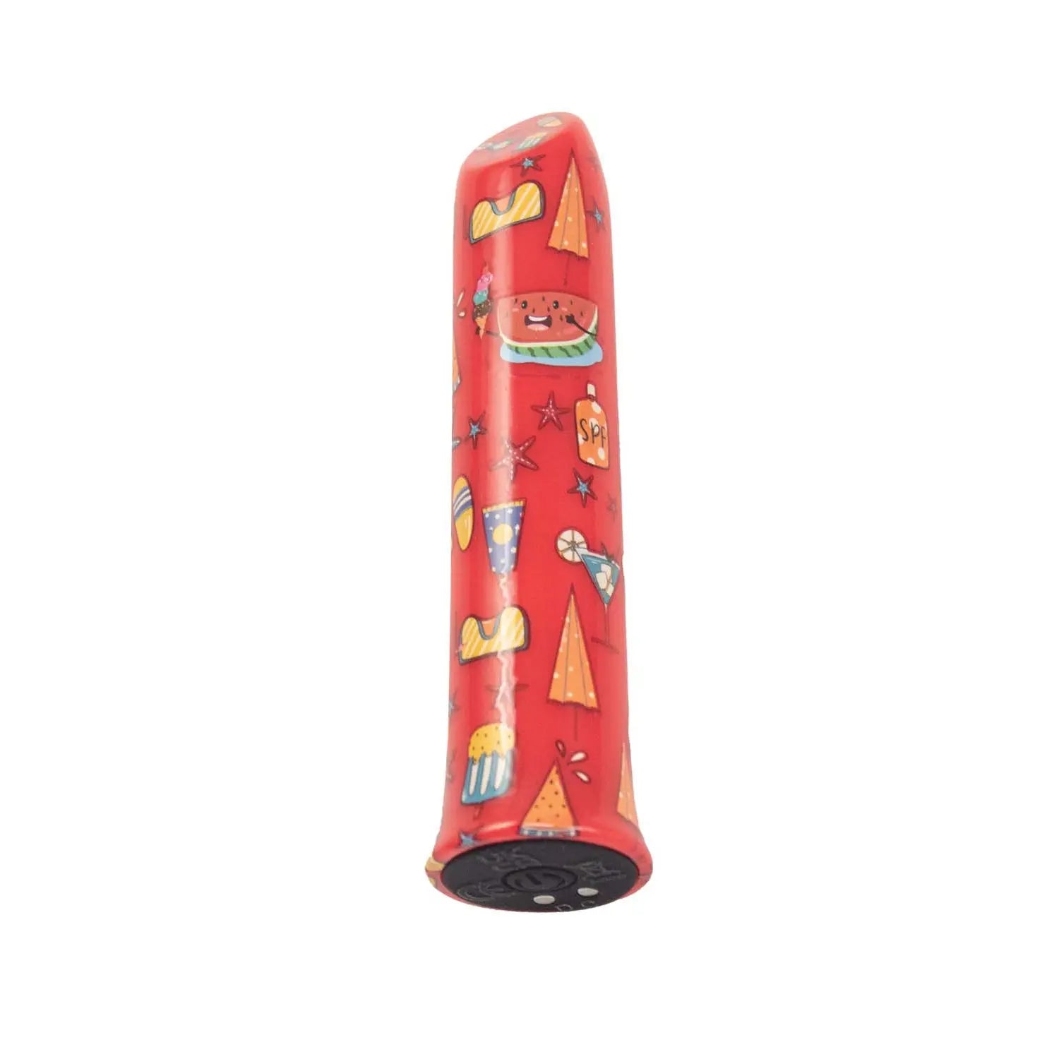 Red silicone dildo with fun party-themed patterns, including watermelon, balloons, and popcorn.