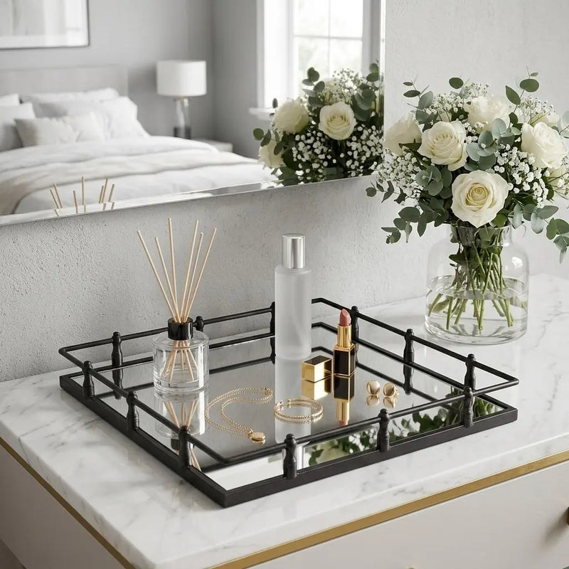 Natural Finish Metal With Mirrored Glass Bottom And Railing Handle Tray Homeroots Kitchen & Dining