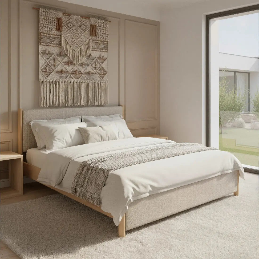 Natural and Beige Wood And Upholstery King Bed Frame Homeroots Bed & Bath