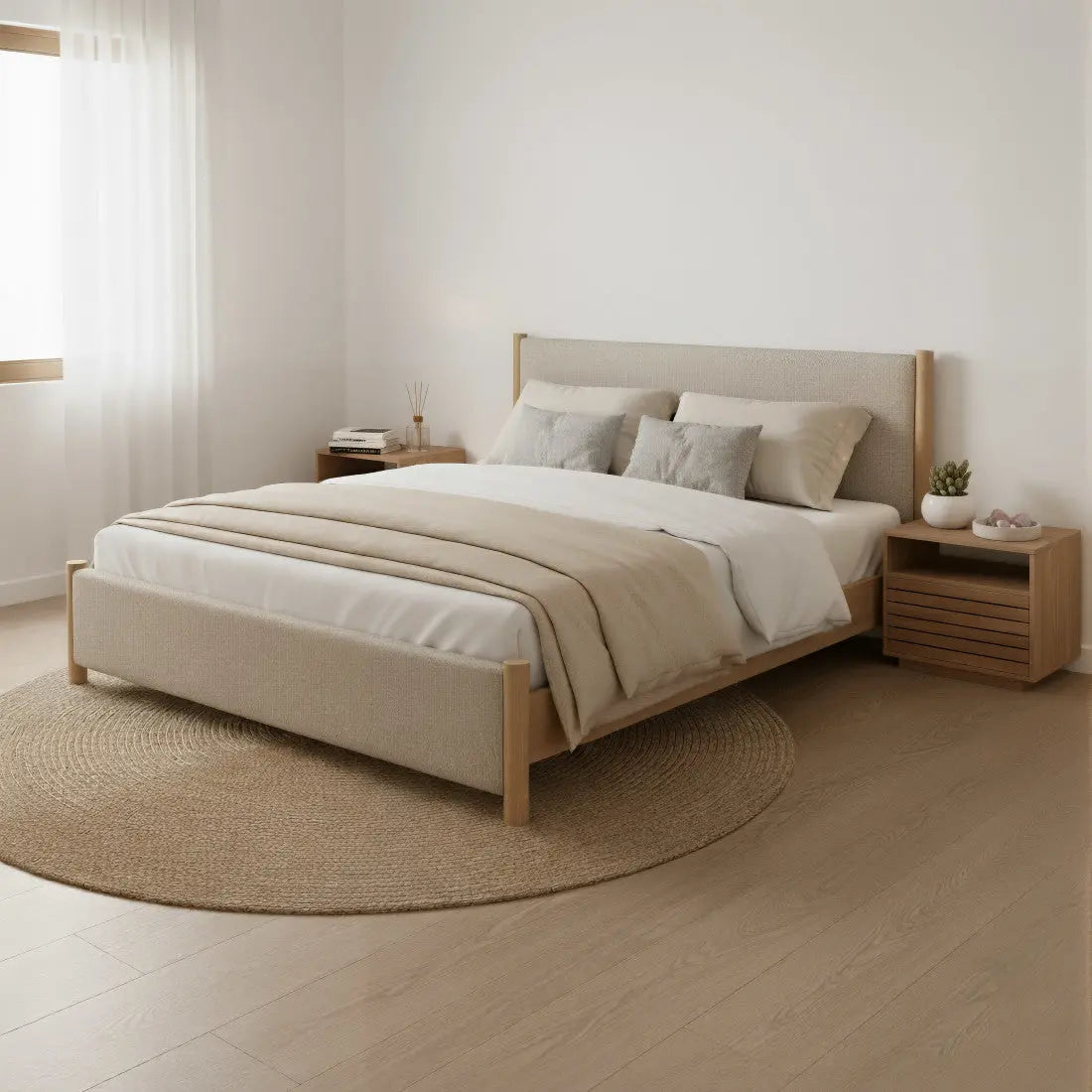 Natural and Beige Wood And Upholstery King Bed Frame Homeroots Bed & Bath