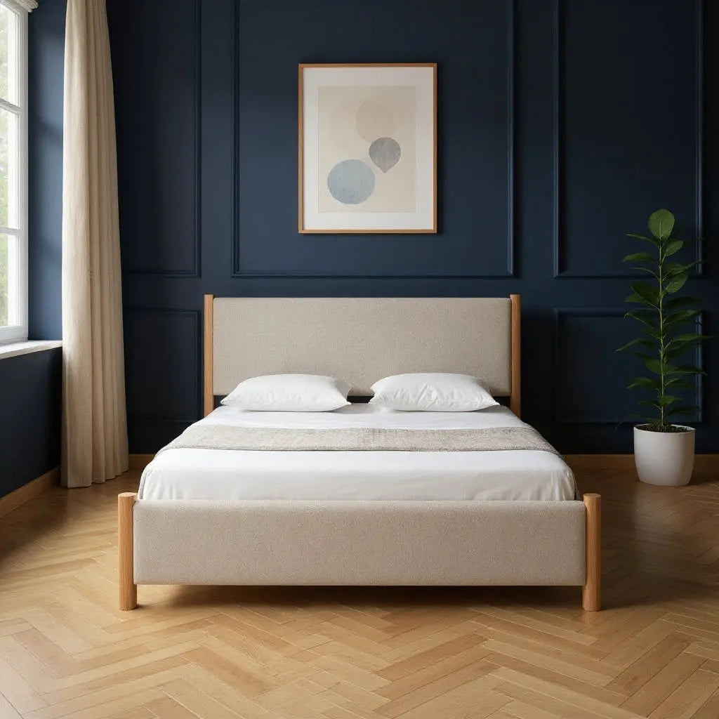 Natural and Beige Wood And Upholstery King Bed Frame Homeroots Bed & Bath