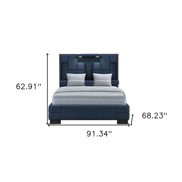 Navy Blue And Upholstered Lighted Queen Bed Frame with USB Homeroots Bed & Bath