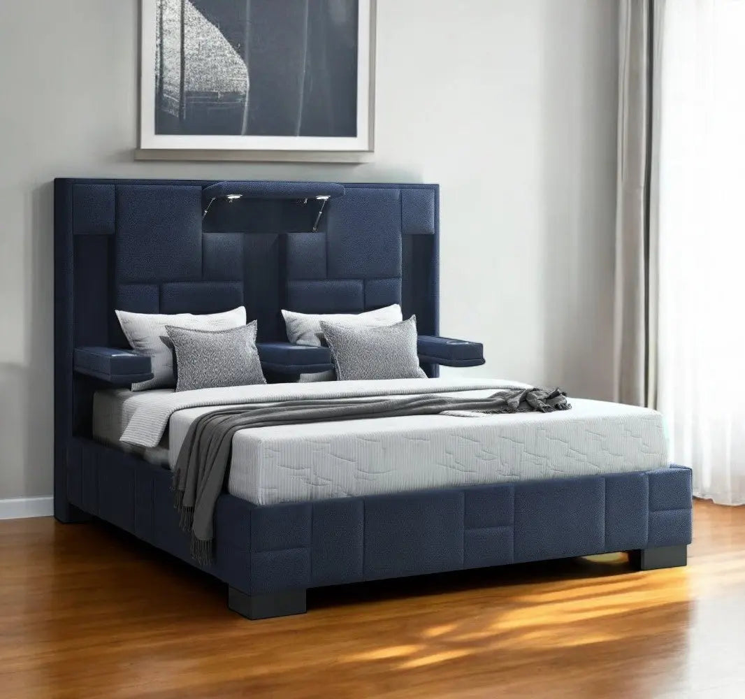 Navy Blue And Upholstered Lighted Queen Bed Frame with USB Homeroots Bed & Bath