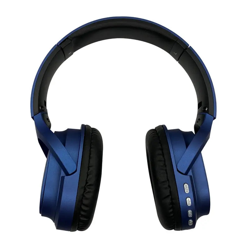 Navy Blue Bluetooth Headphone with black soft comfort padding & Chrome Silver Buttons with compact folding design Soundbound