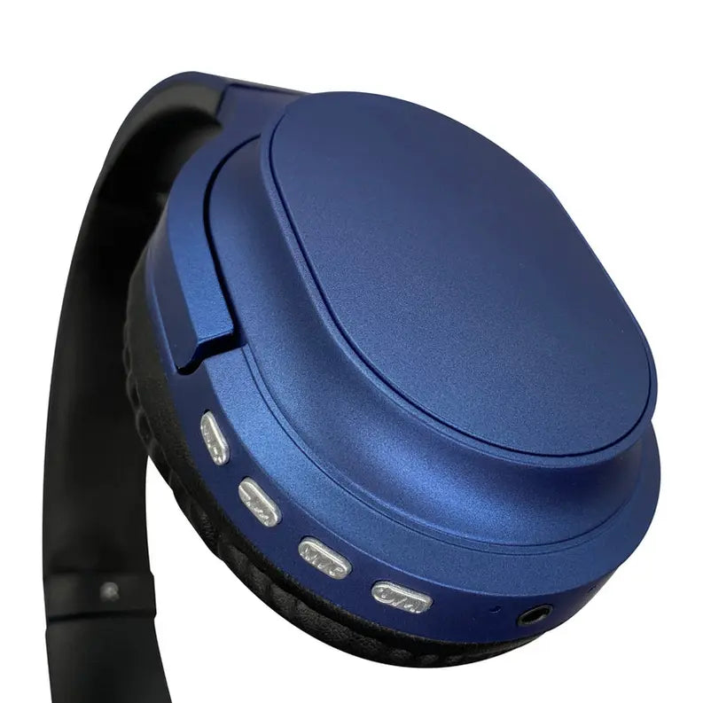 Navy Blue Bluetooth Headphone with black soft comfort padding & Chrome Silver Buttons with compact folding design Soundbound