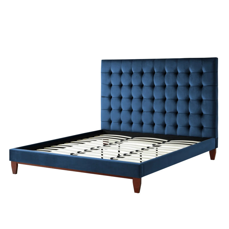 Navy Blue Solid Wood King Tufted Upholstered Velvet Bed Homeroots Bed & Bath
