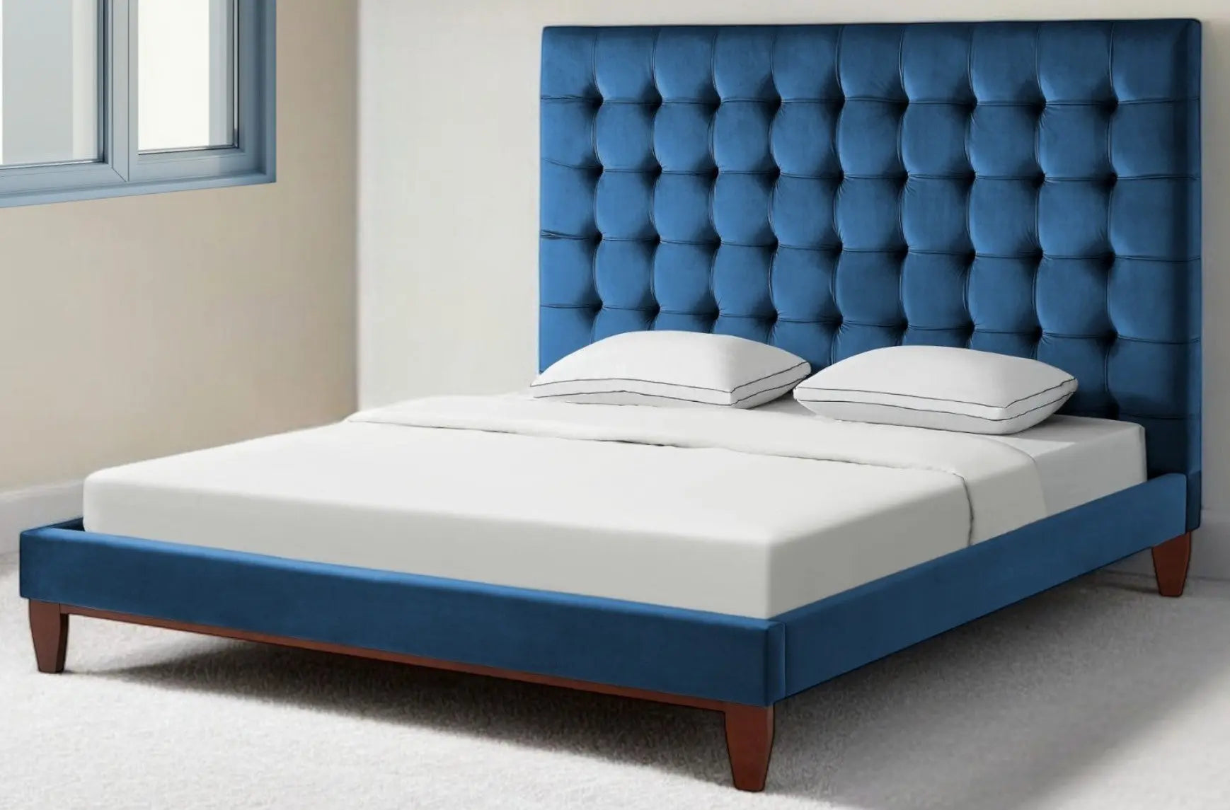 Navy Blue Solid Wood King Tufted Upholstered Velvet Bed Homeroots Bed & Bath