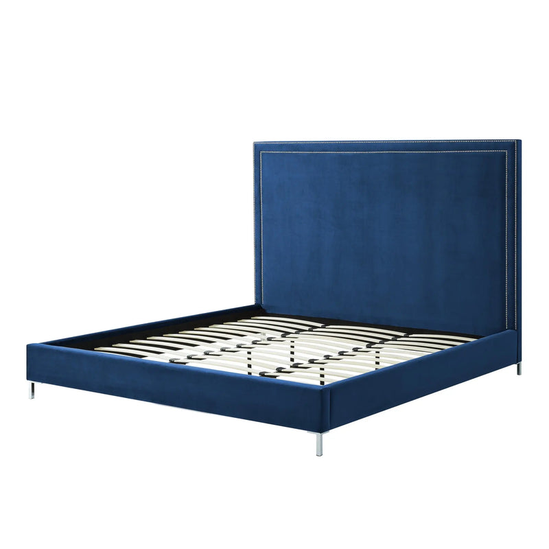Navy Blue Solid Wood King Upholstered Velvet Bed with Nailhead Trim Homeroots Bed & Bath