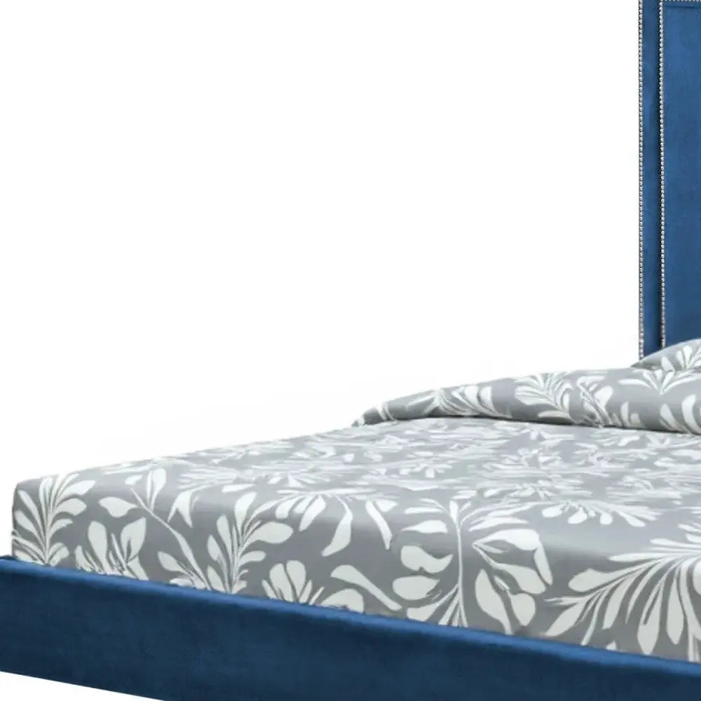Navy Blue Solid Wood King Upholstered Velvet Bed with Nailhead Trim Homeroots Bed & Bath