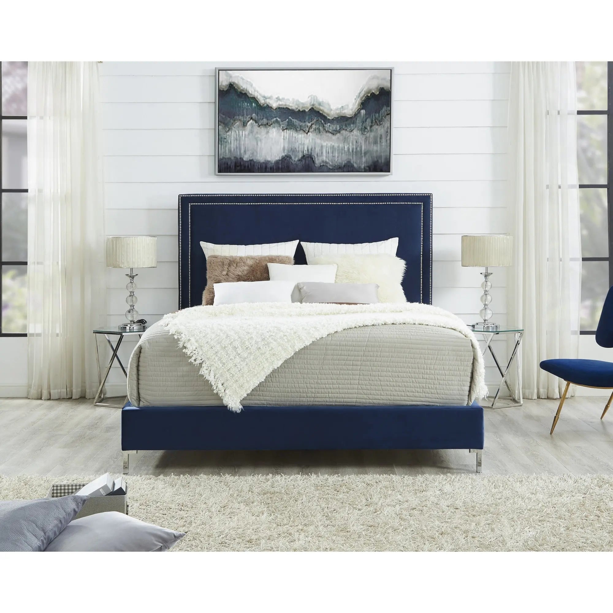 Navy Blue Solid Wood King Upholstered Velvet Bed with Nailhead Trim Homeroots Bed & Bath