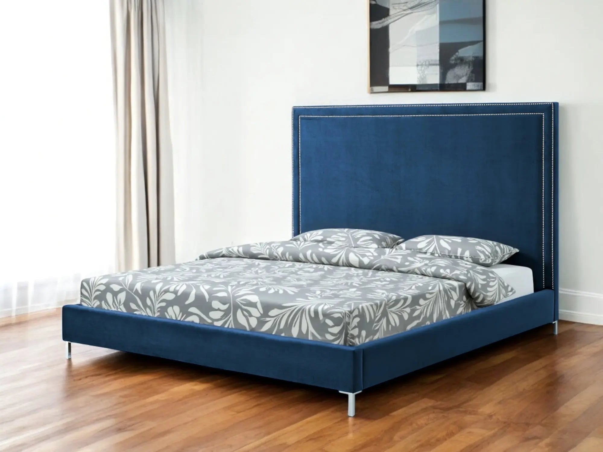 Navy Blue Solid Wood King Upholstered Velvet Bed with Nailhead Trim Homeroots Bed & Bath