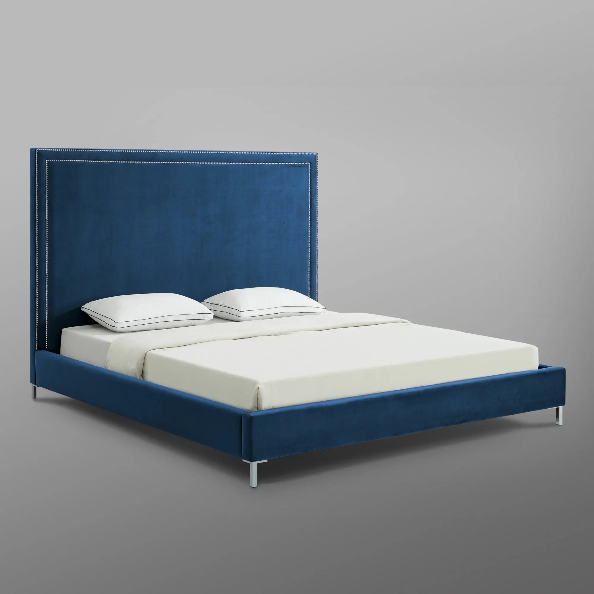 Navy Blue Solid Wood King Upholstered Velvet Bed with Nailhead Trim Homeroots Bed & Bath