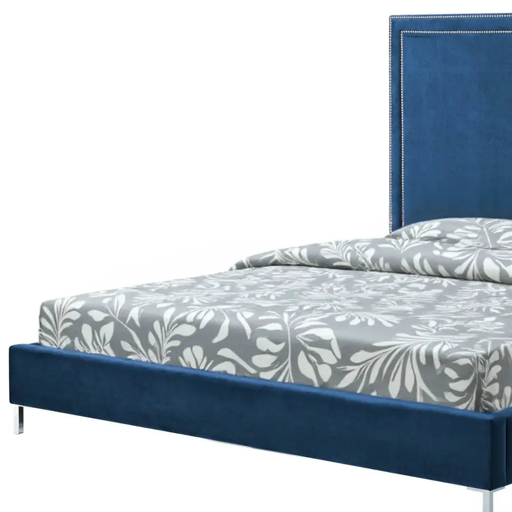 Navy Blue Solid Wood King Upholstered Velvet Bed with Nailhead Trim Homeroots Bed & Bath