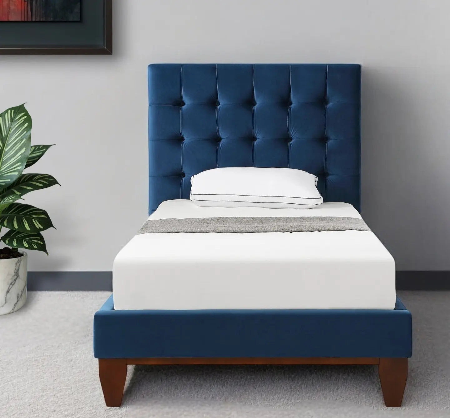 Navy Blue Solid Wood Twin Tufted Upholstered Velvet Bed Homeroots Bed & Bath