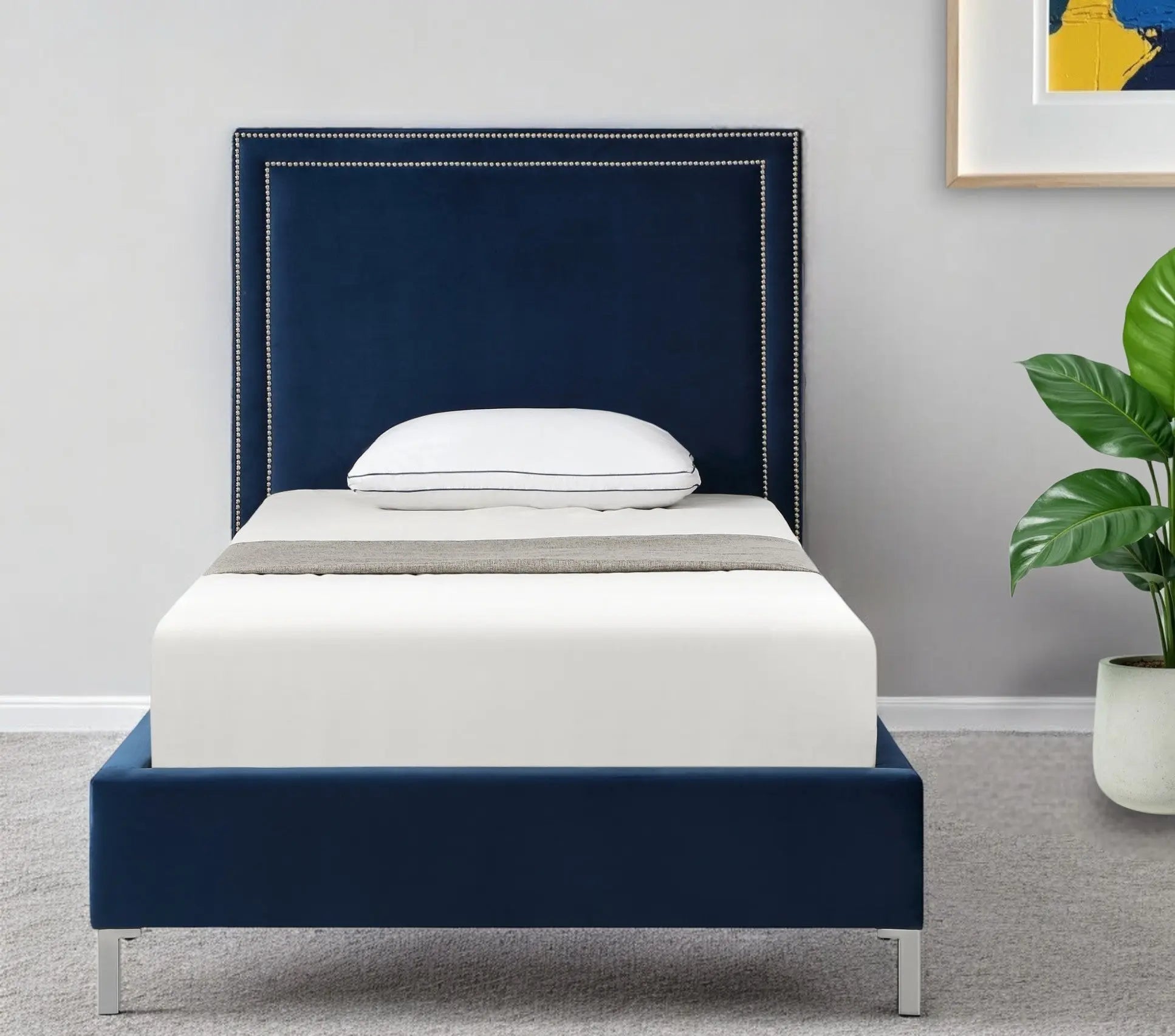 Navy Blue Solid Wood Twin Upholstered Velvet Bed with Nailhead Trim Homeroots Bed & Bath