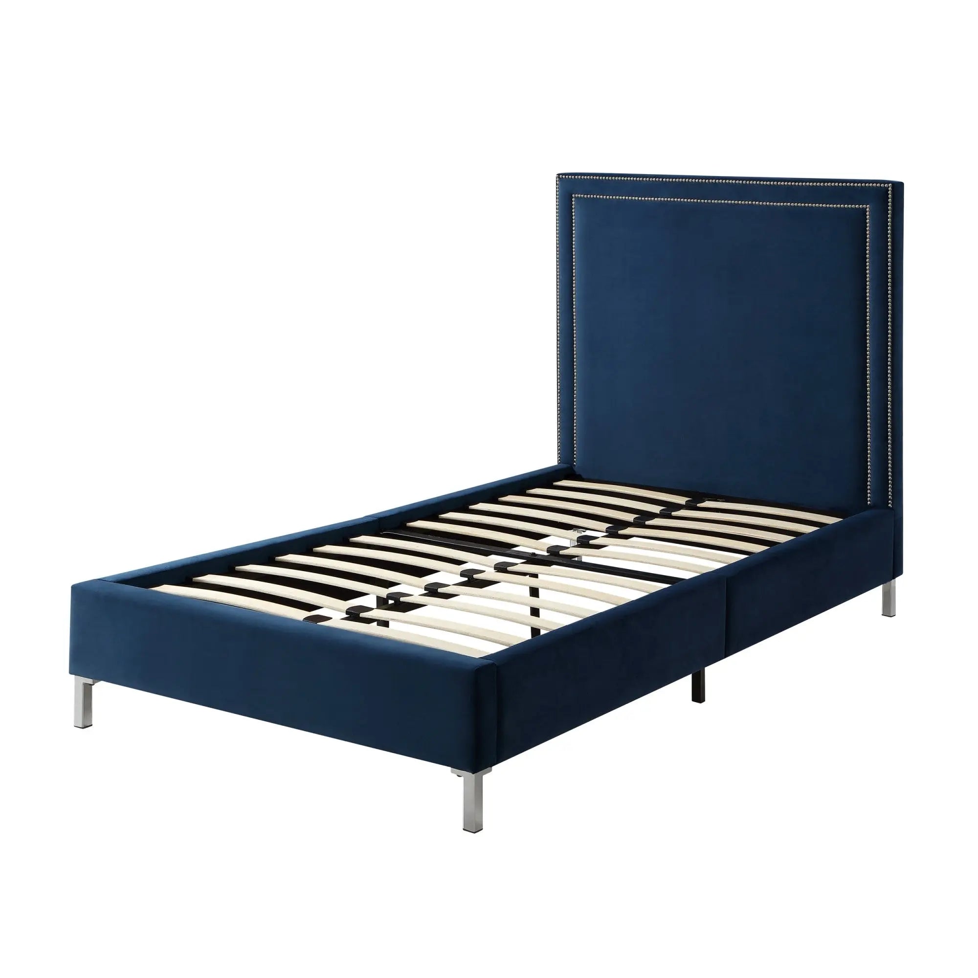 Navy Blue Solid Wood Twin Upholstered Velvet Bed with Nailhead Trim Homeroots Bed & Bath