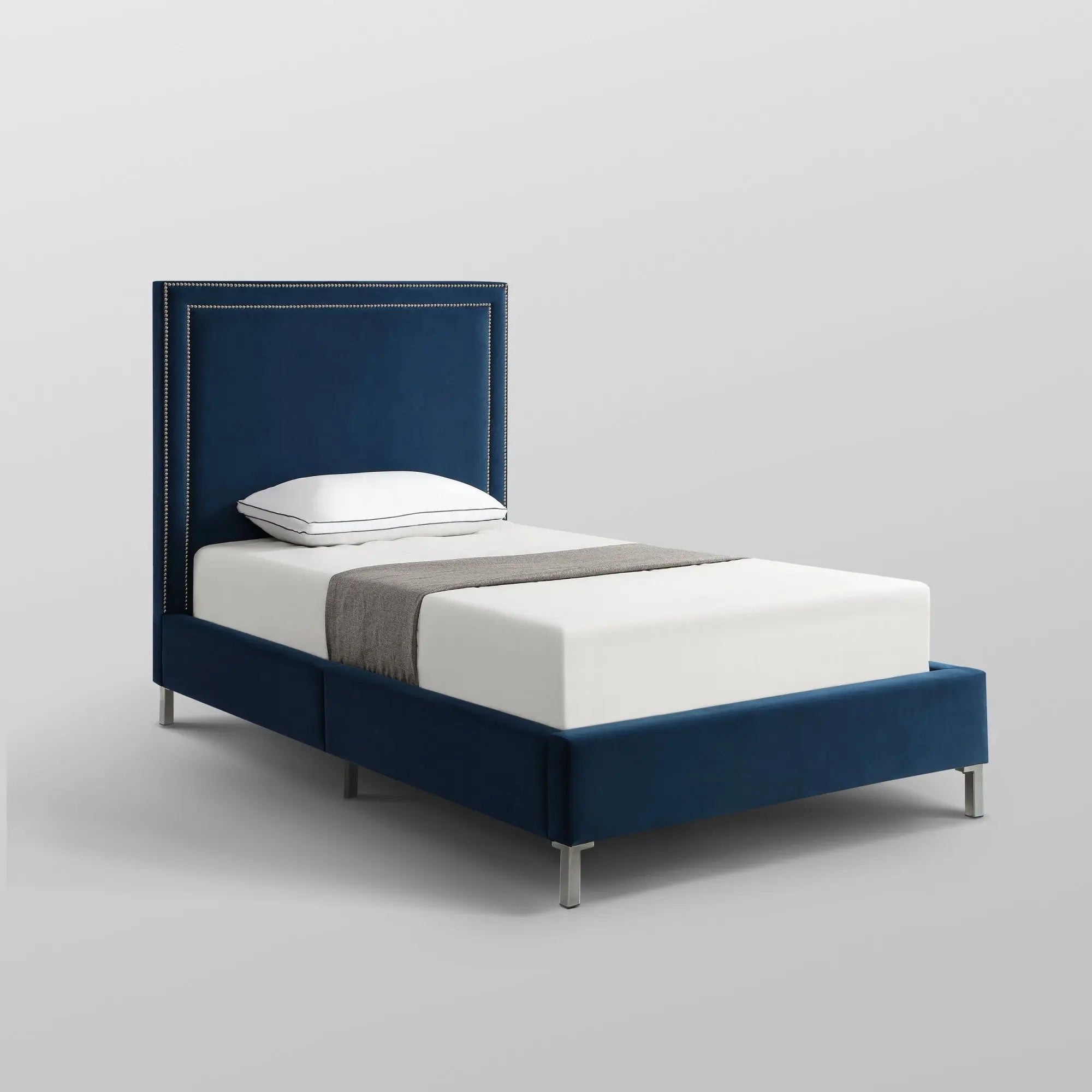 Navy Blue Solid Wood Twin Upholstered Velvet Bed with Nailhead Trim Homeroots Bed & Bath