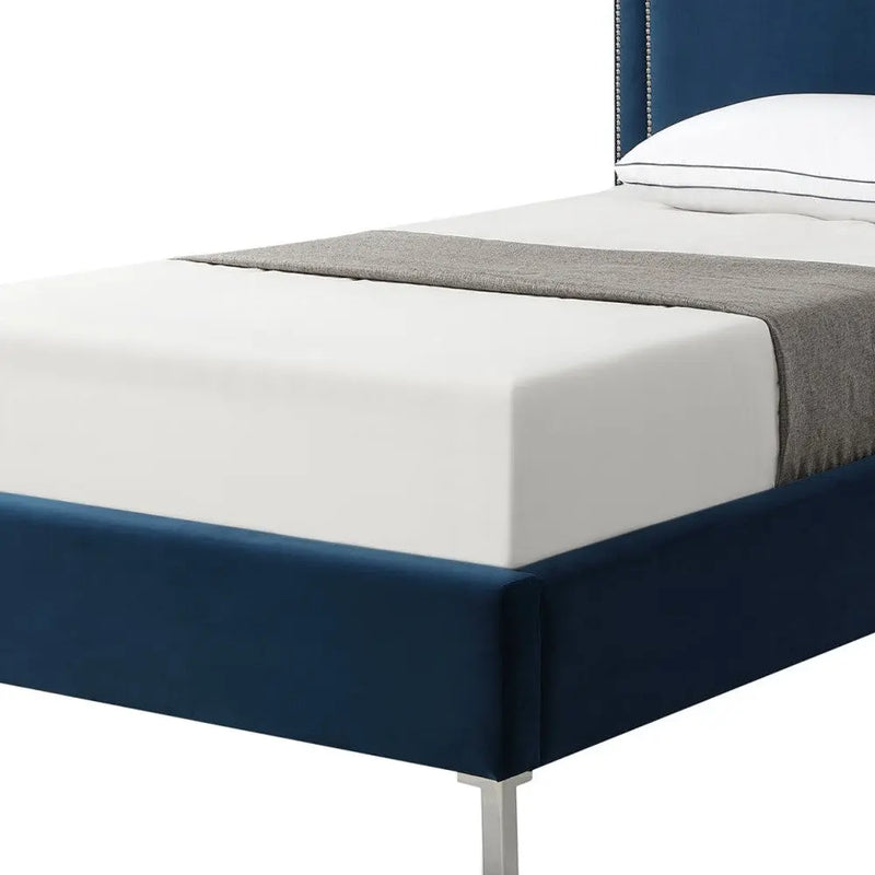 Navy Blue Solid Wood Twin Upholstered Velvet Bed with Nailhead Trim Homeroots Bed & Bath