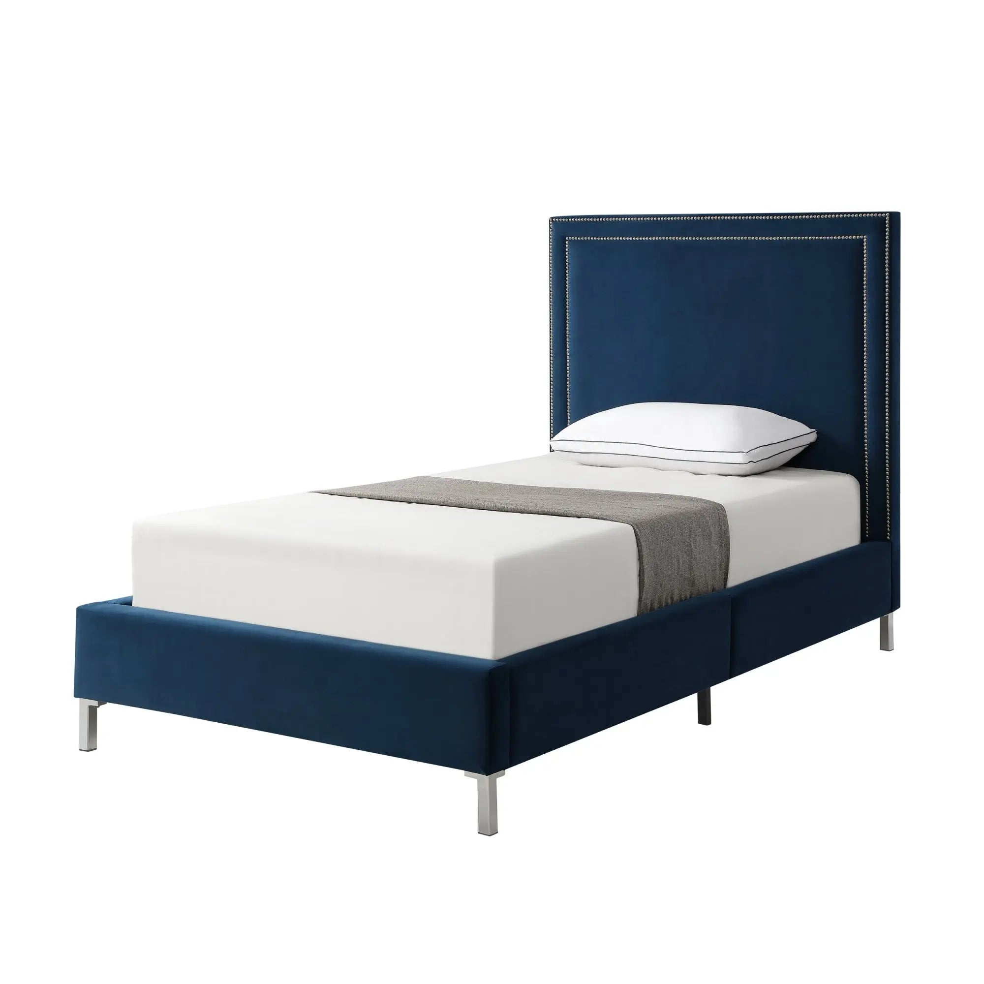 Navy Blue Solid Wood Twin Upholstered Velvet Bed with Nailhead Trim Homeroots Bed & Bath