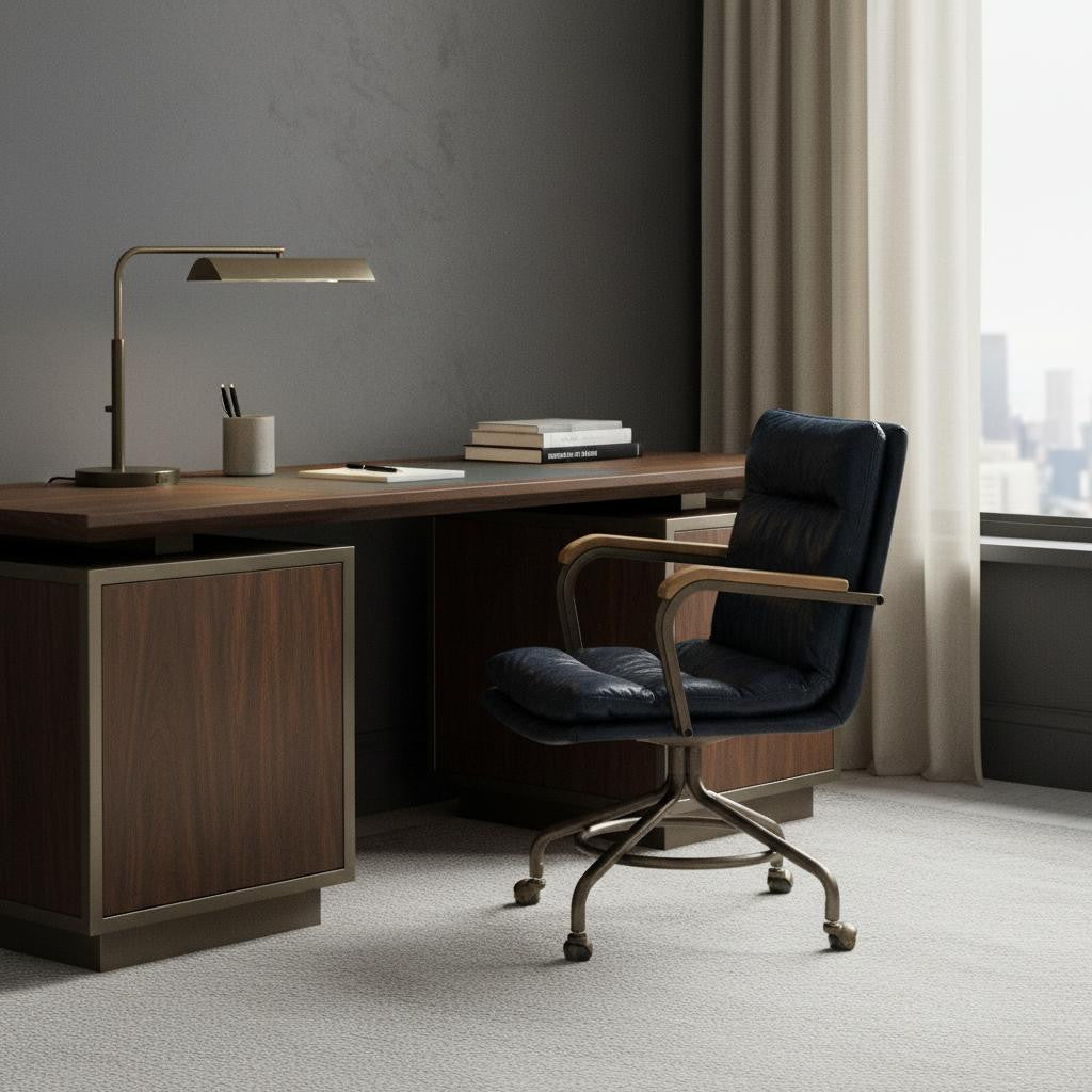 Navy Blue and Dark Brown Adjustable Swivel Leather Rolling Executive Office Chair - GreatEagleInc