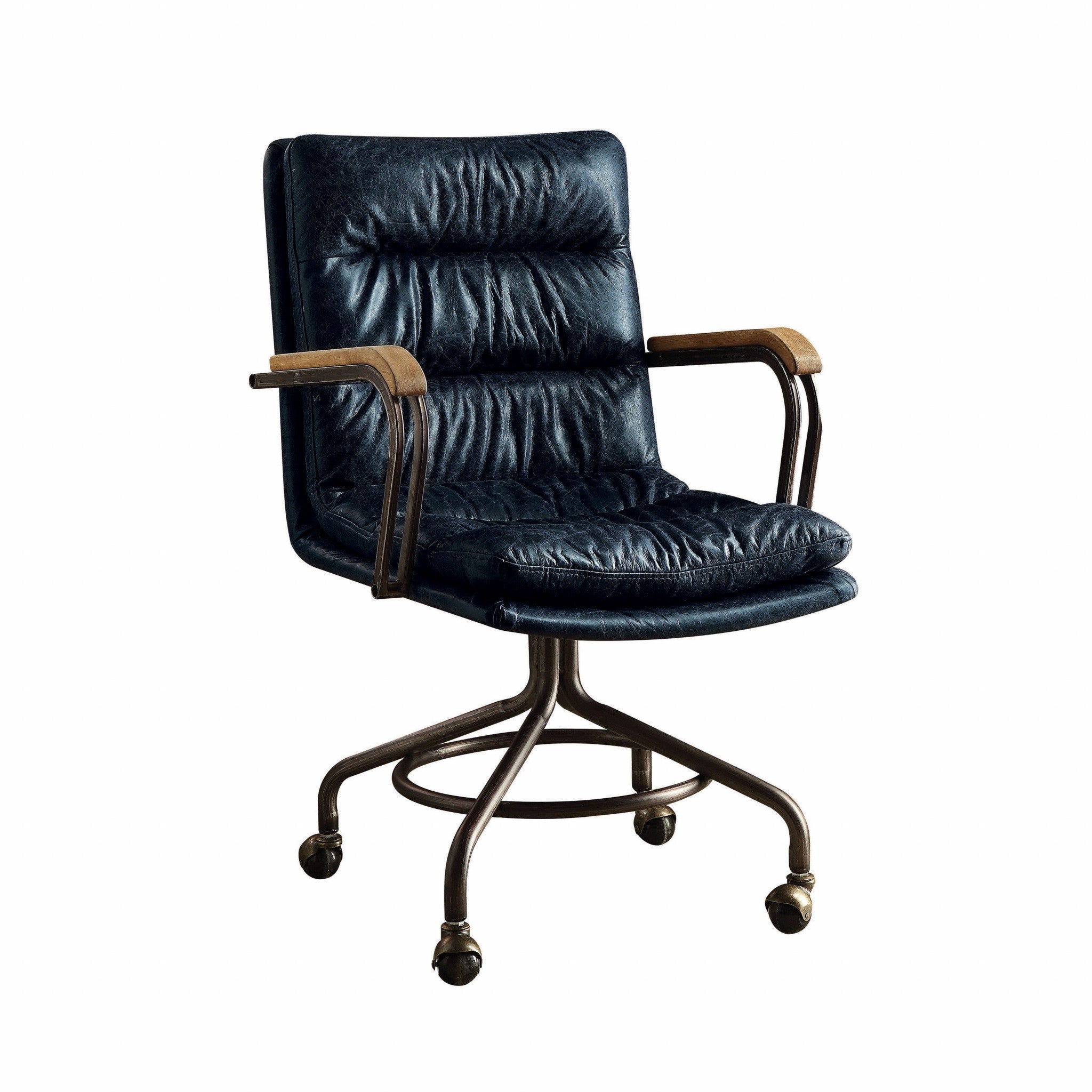 Navy Blue and Dark Brown Adjustable Swivel Leather Rolling Executive Office Chair - GreatEagleInc