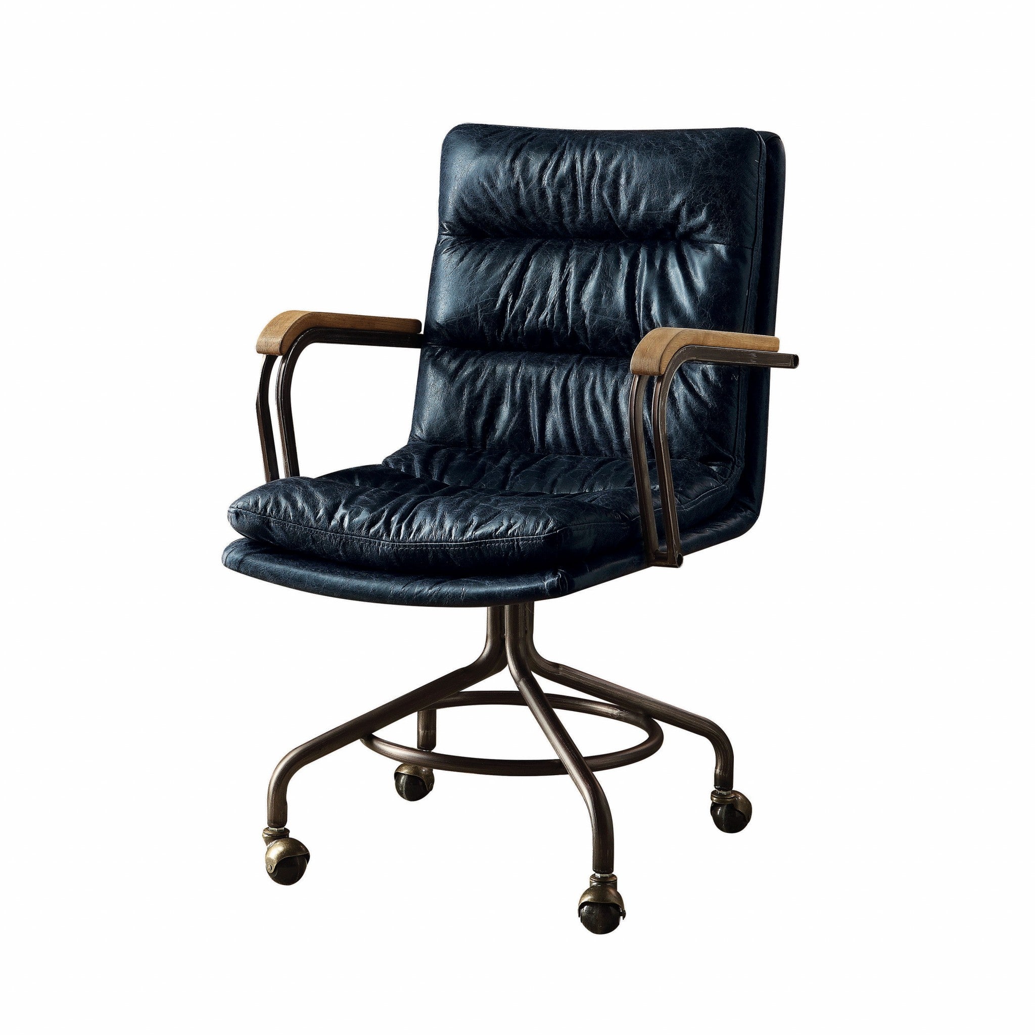 Navy Blue and Dark Brown Adjustable Swivel Leather Rolling Executive Office Chair - GreatEagleInc