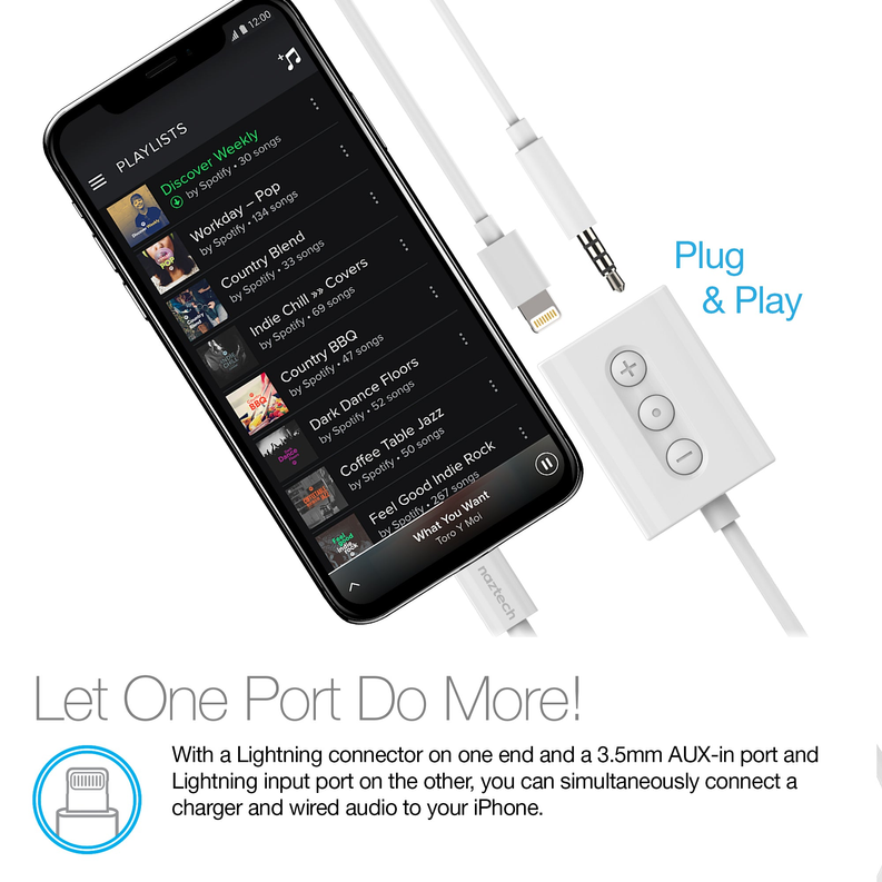 Naztech MFI Lightning to 3.5mm Audio + Charging Adapter White Naztech