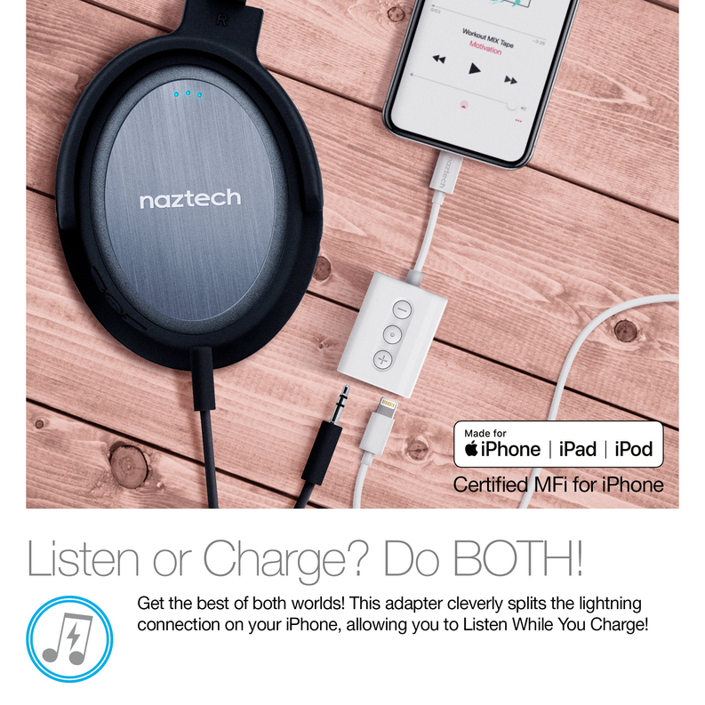 Naztech MFI Lightning to 3.5mm Audio + Charging Adapter White Naztech