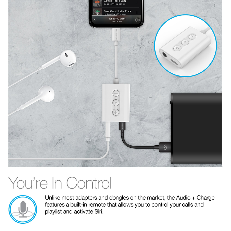 Naztech MFI Lightning to 3.5mm Audio + Charging Adapter White Naztech