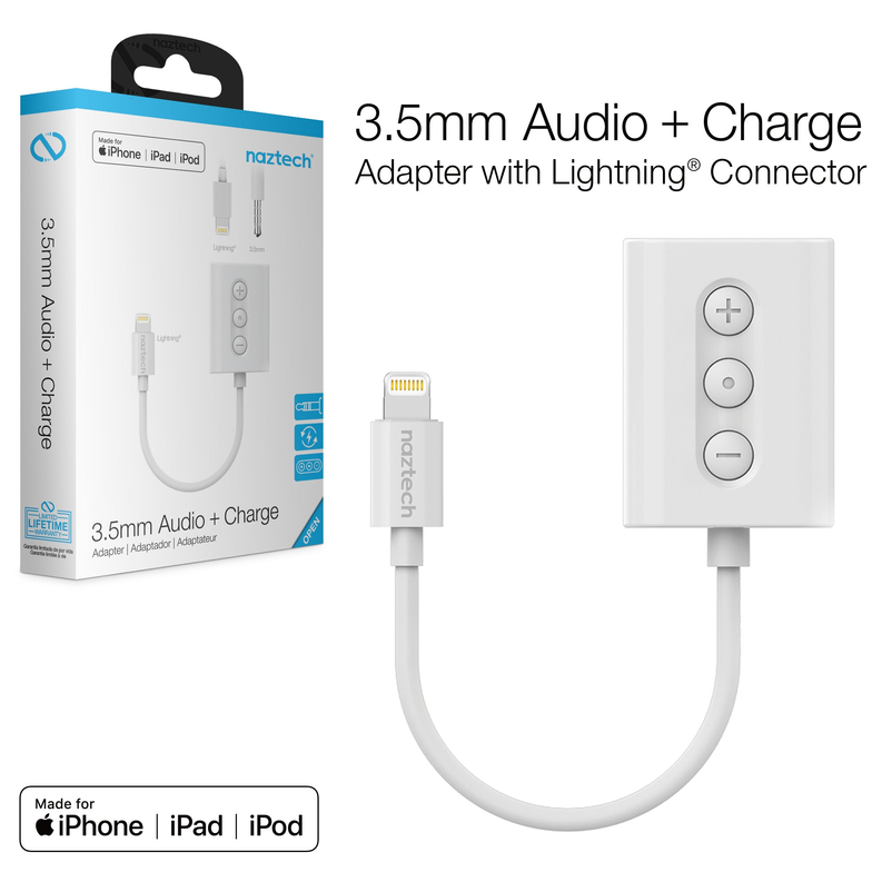 Naztech MFI Lightning to 3.5mm Audio + Charging Adapter White Naztech