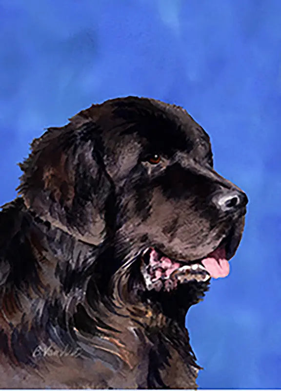 Black Newfoundland dog portrait on blue background, vibrant watercolor art style, perfect for pet lovers.