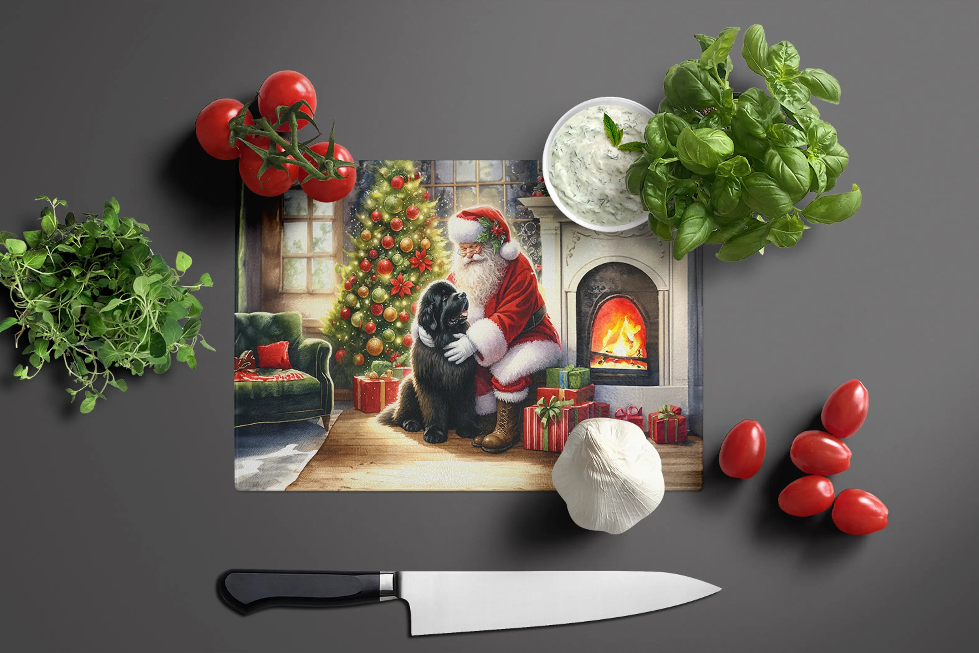 Newfoundland and Santa Claus Glass Cutting Board Caroline's Treasures